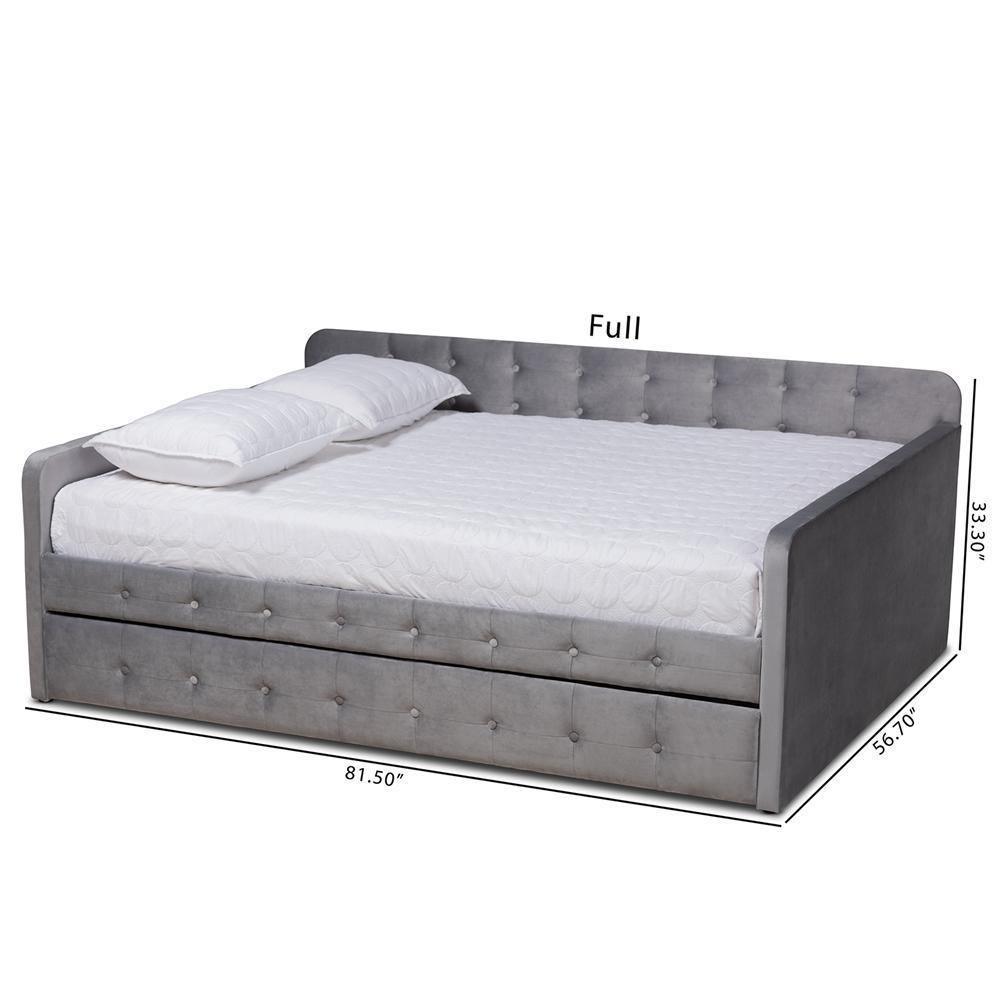 Jona Modern and Contemporary Transitional Grey Velvet Fabric Upholstered and Button Tufted Queen Size Daybed with Trundle FredCo
