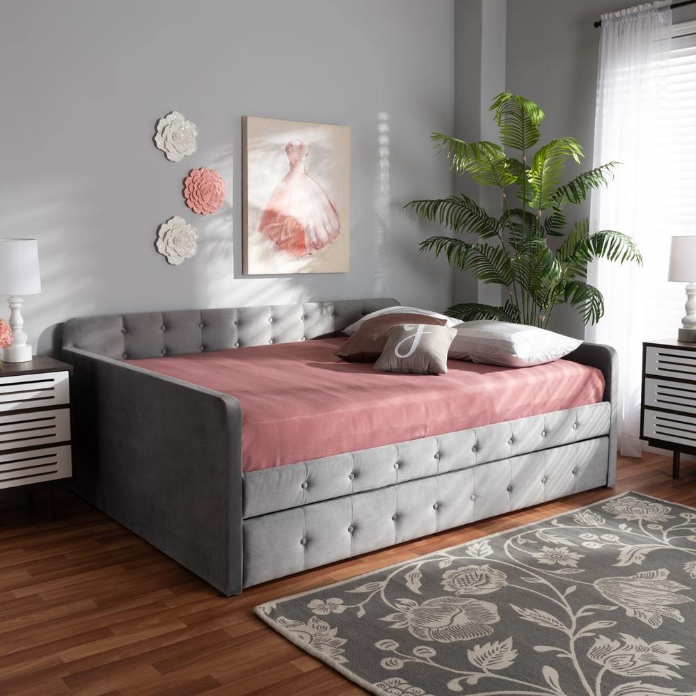 Jona Modern and Contemporary Transitional Grey Velvet Fabric Upholstered and Button Tufted Queen Size Daybed with Trundle FredCo