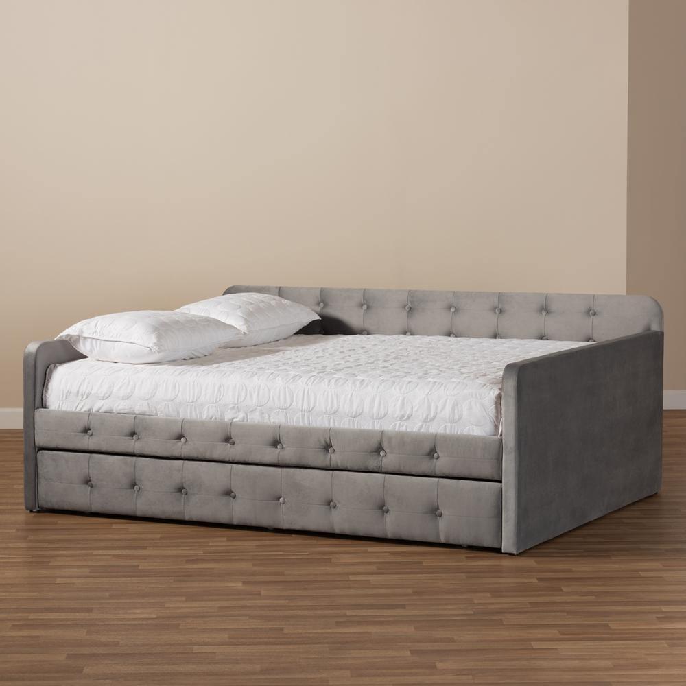 Jona Modern and Contemporary Transitional Grey Velvet Fabric Upholstered and Button Tufted Queen Size Daybed with Trundle FredCo