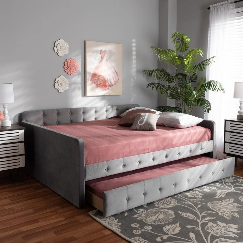Jona Modern and Contemporary Transitional Grey Velvet Fabric Upholstered and Button Tufted Queen Size Daybed with Trundle FredCo