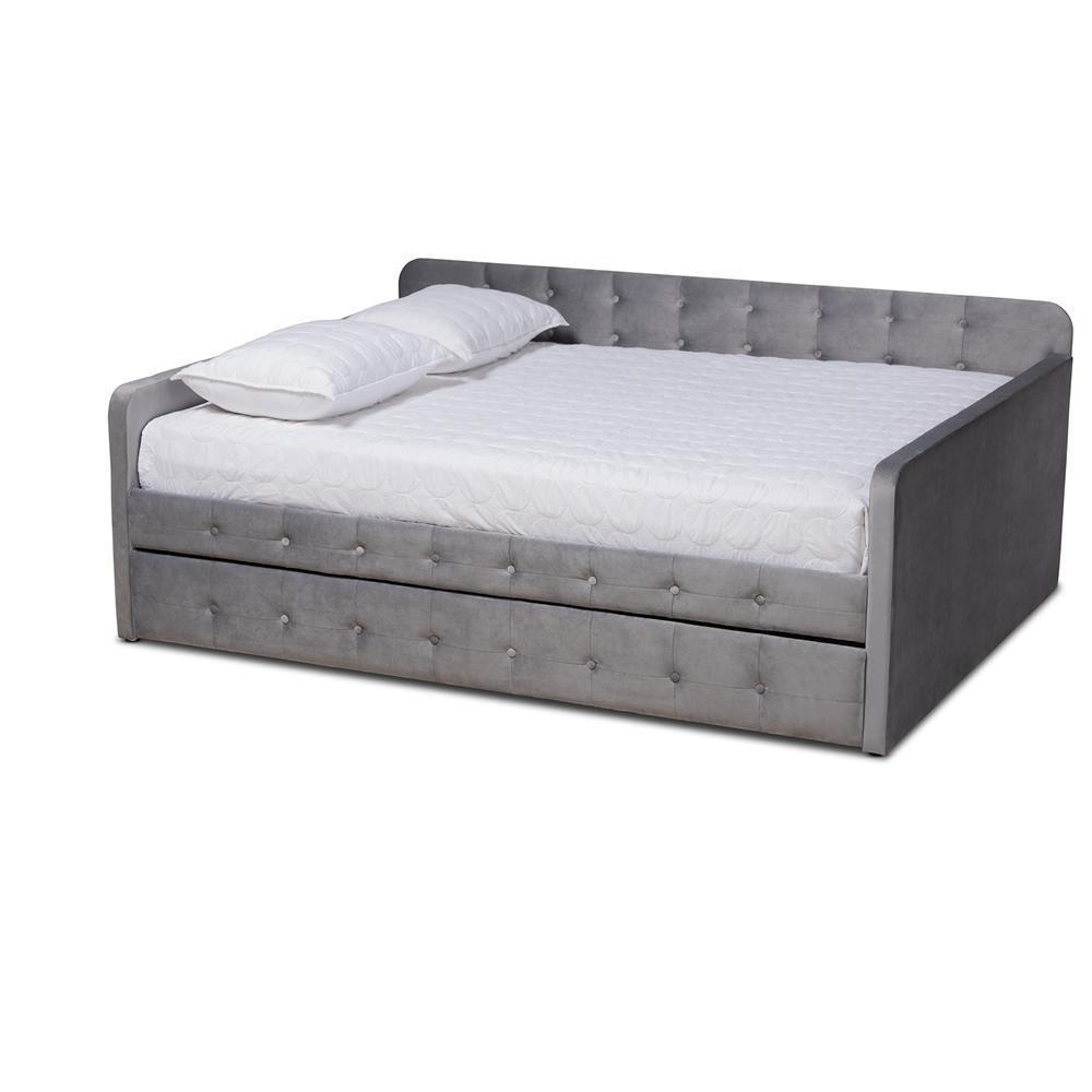 Jona Modern and Contemporary Transitional Grey Velvet Fabric Upholstered and Button Tufted Queen Size Daybed with Trundle FredCo