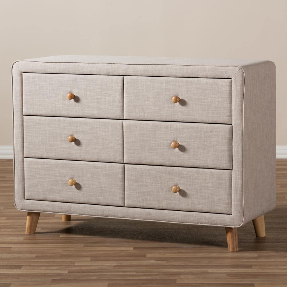 Jonesy Mid-Century Beige Linen Upholstered 6-Drawer Dresser FredCo
