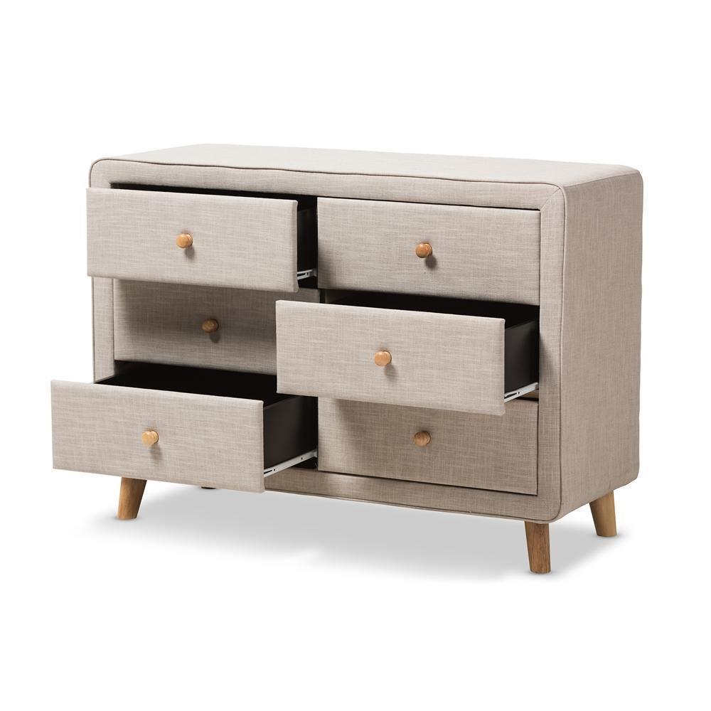 Jonesy Mid-Century Beige Linen Upholstered 6-Drawer Dresser FredCo