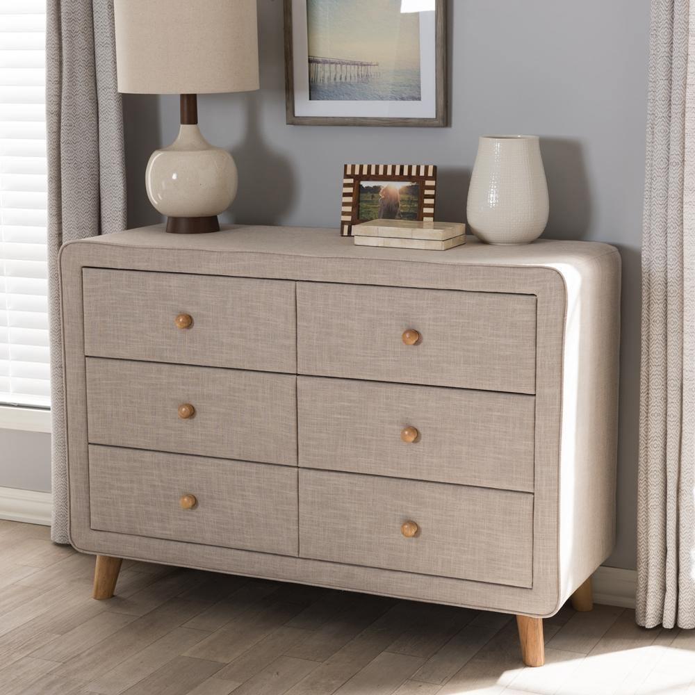 Jonesy Mid-Century Beige Linen Upholstered 6-Drawer Dresser FredCo