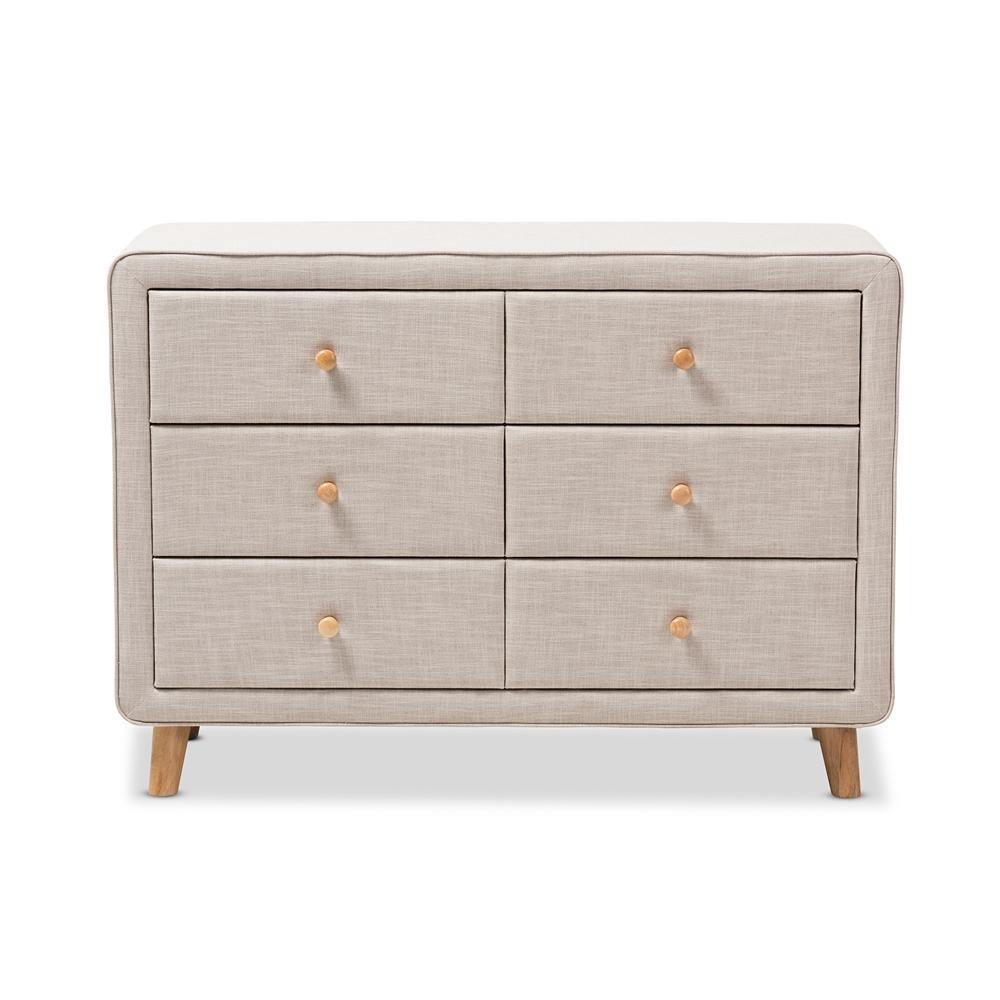 Jonesy Mid-Century Beige Linen Upholstered 6-Drawer Dresser FredCo