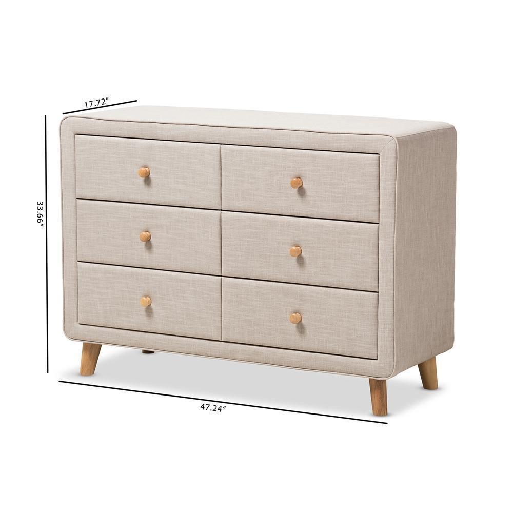 Jonesy Mid-Century Beige Linen Upholstered 6-Drawer Dresser FredCo
