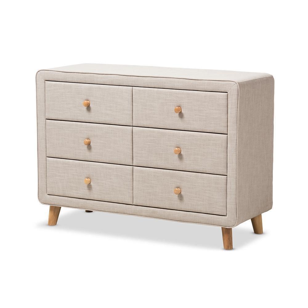 Jonesy Mid-Century Beige Linen Upholstered 6-Drawer Dresser FredCo