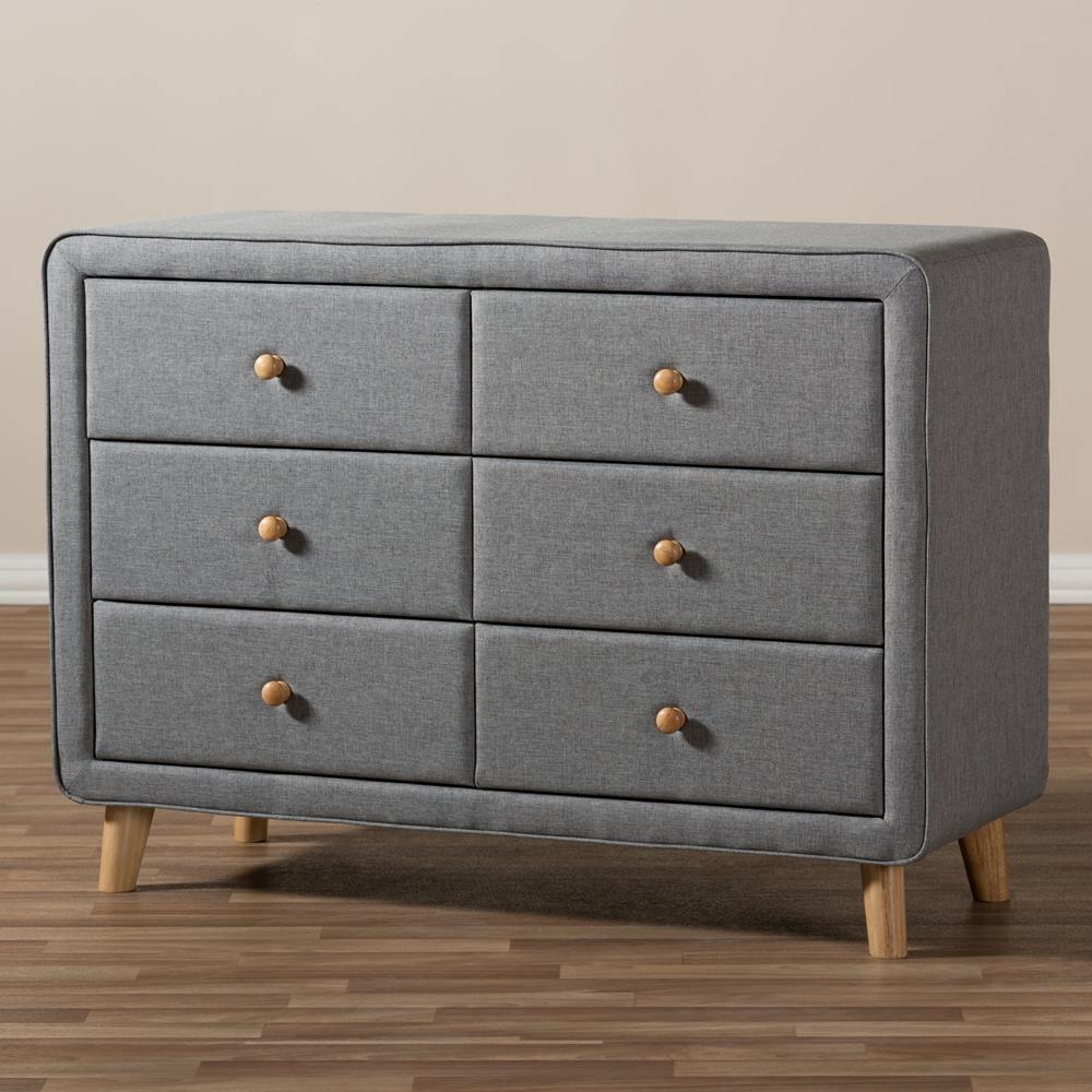 Jonesy Mid-Century Grey Fabric Upholstered 6-Drawer Dresser FredCo