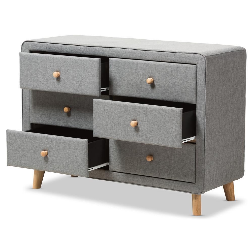 Jonesy Mid-Century Grey Fabric Upholstered 6-Drawer Dresser FredCo