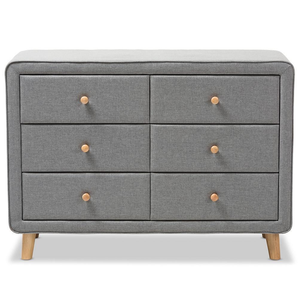 Jonesy Mid-Century Grey Fabric Upholstered 6-Drawer Dresser FredCo