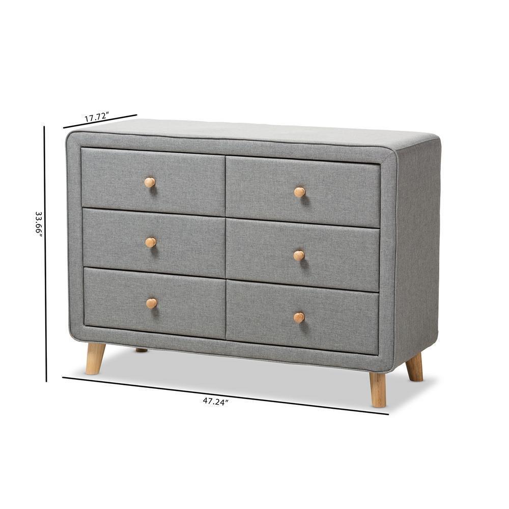 Jonesy Mid-Century Grey Fabric Upholstered 6-Drawer Dresser FredCo