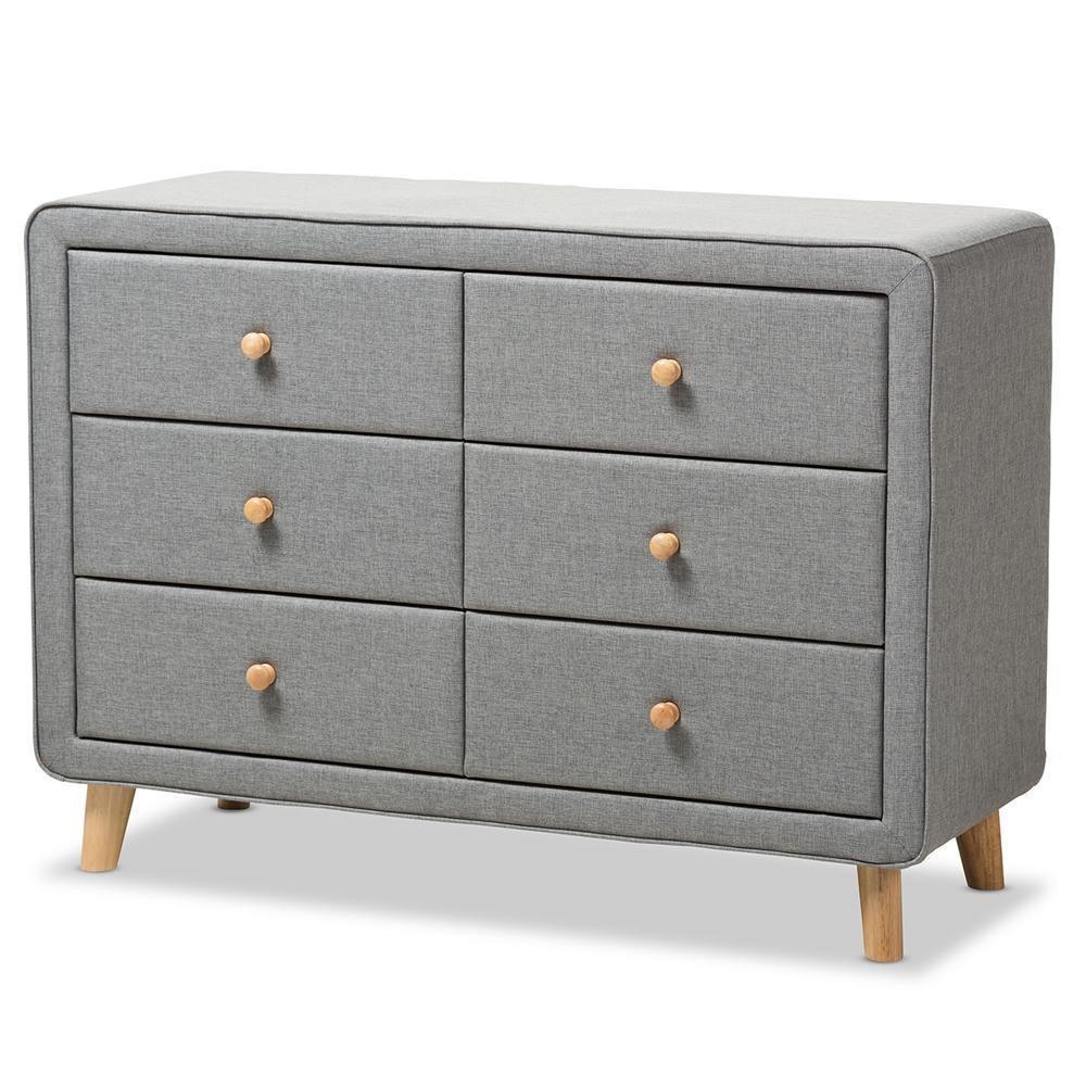 Jonesy Mid-Century Grey Fabric Upholstered 6-Drawer Dresser FredCo