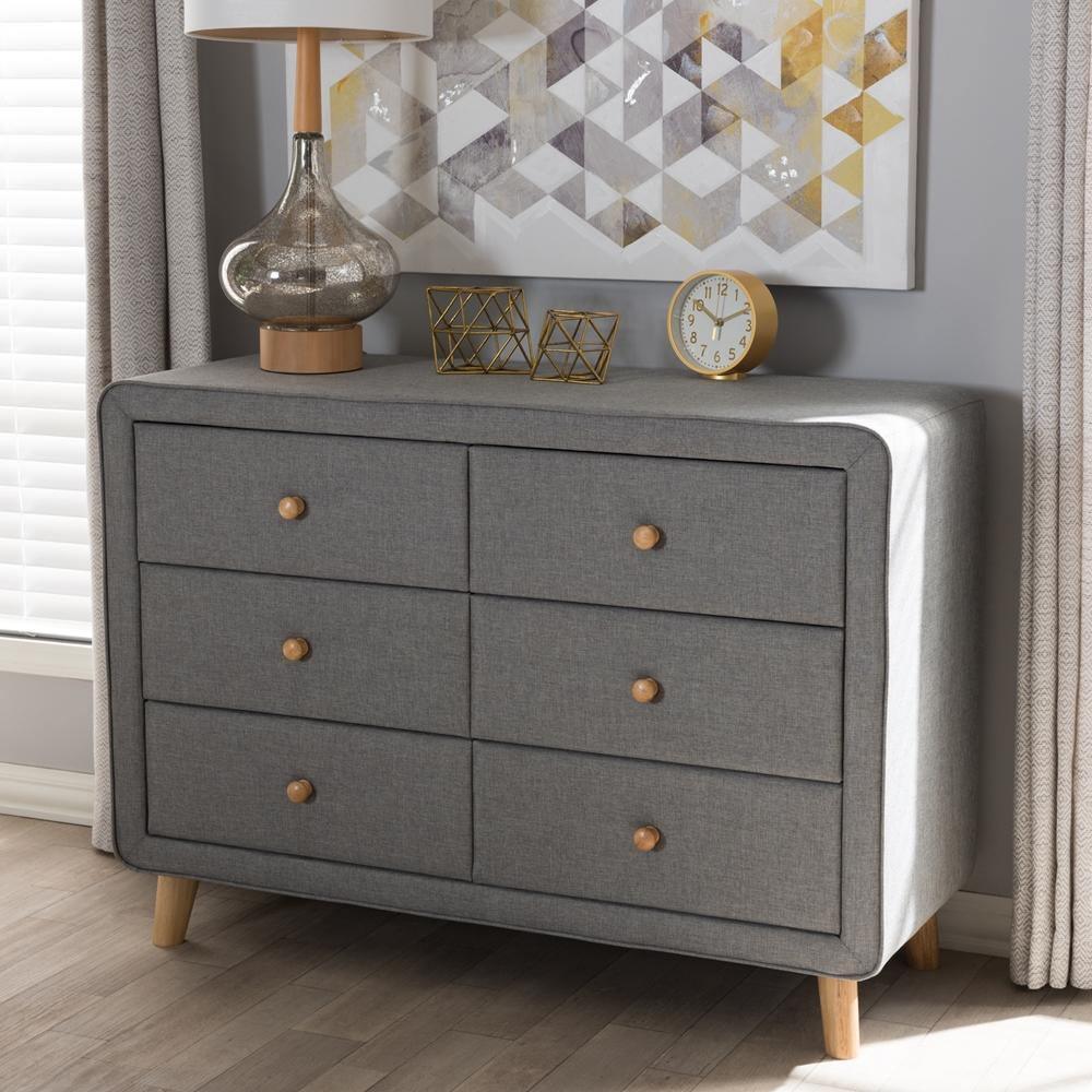 Jonesy Mid-Century Grey Fabric Upholstered 6-Drawer Dresser FredCo