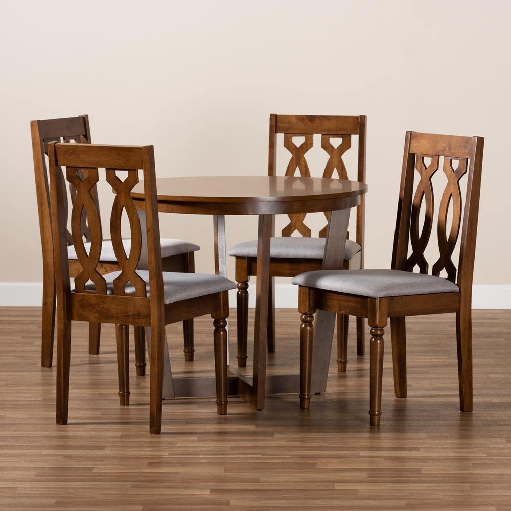 Julie Modern and Contemporary Grey Fabric Upholstered and Walnut Brown Finished Wood 5-Piece Dining Set FredCo