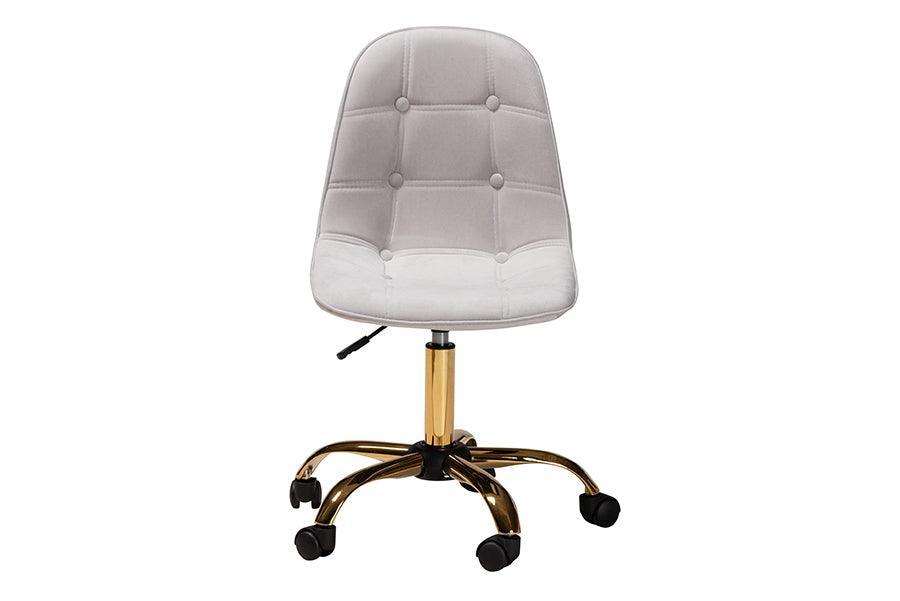 Kabira Contemporary Glam and Luxe Grey Velvet Fabric and Gold Metal Swivel Office chair FredCo