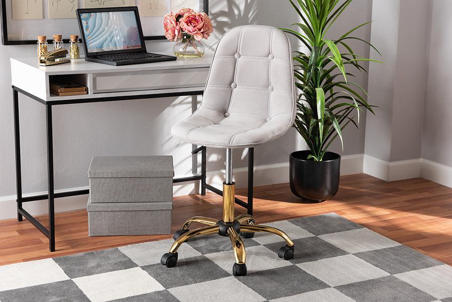 Kabira Contemporary Glam and Luxe Grey Velvet Fabric and Gold Metal Swivel Office chair FredCo