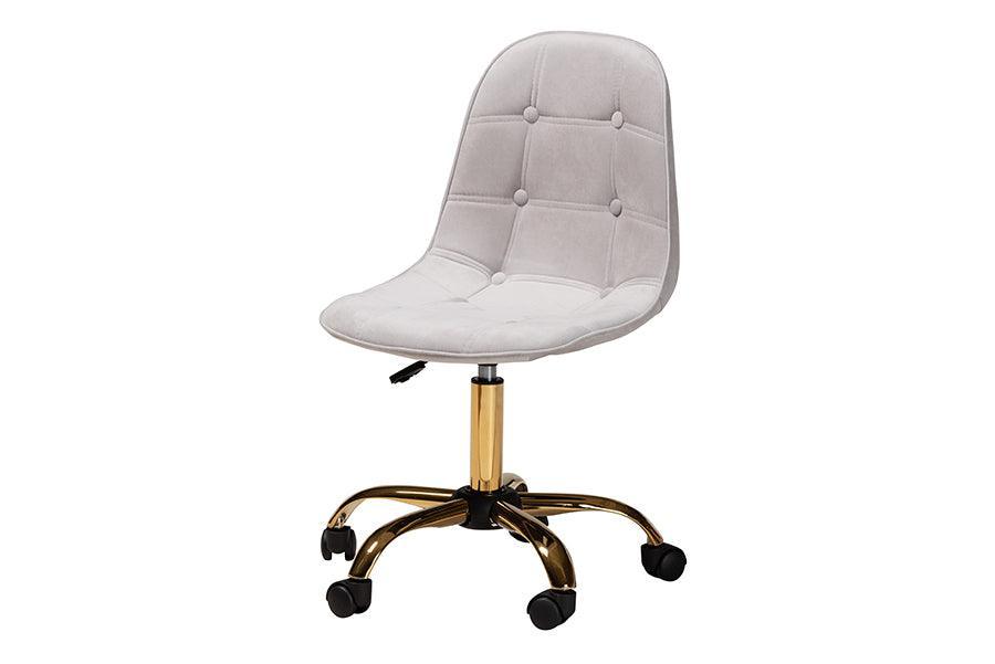 Kabira Contemporary Glam and Luxe Grey Velvet Fabric and Gold Metal Swivel Office chair FredCo