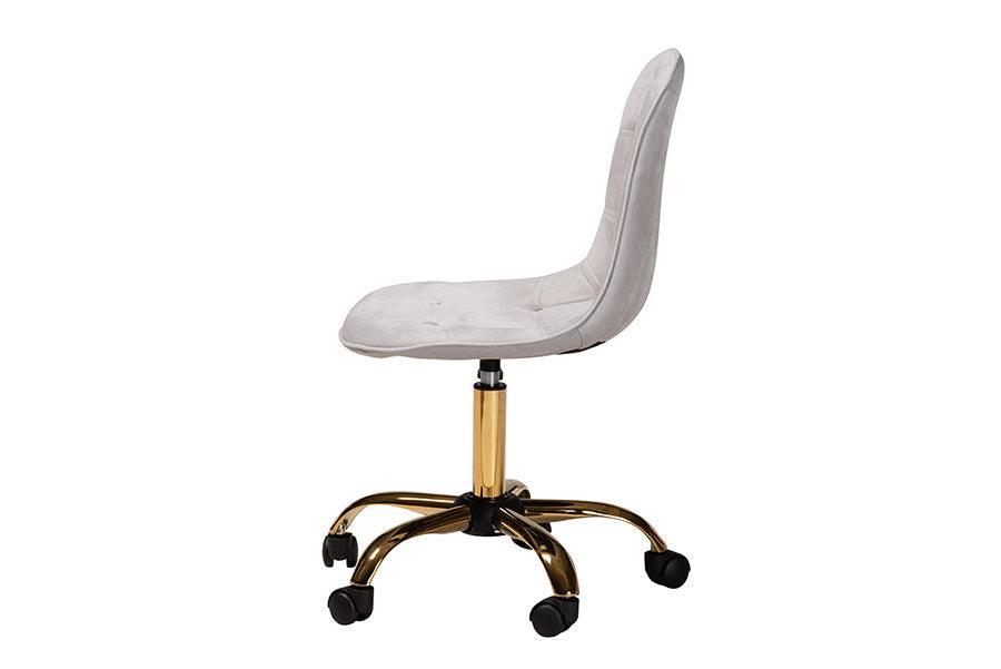 Kabira Contemporary Glam and Luxe Grey Velvet Fabric and Gold Metal Swivel Office chair FredCo