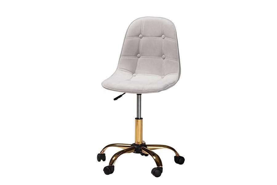 Kabira Contemporary Glam and Luxe Grey Velvet Fabric and Gold Metal Swivel Office chair FredCo
