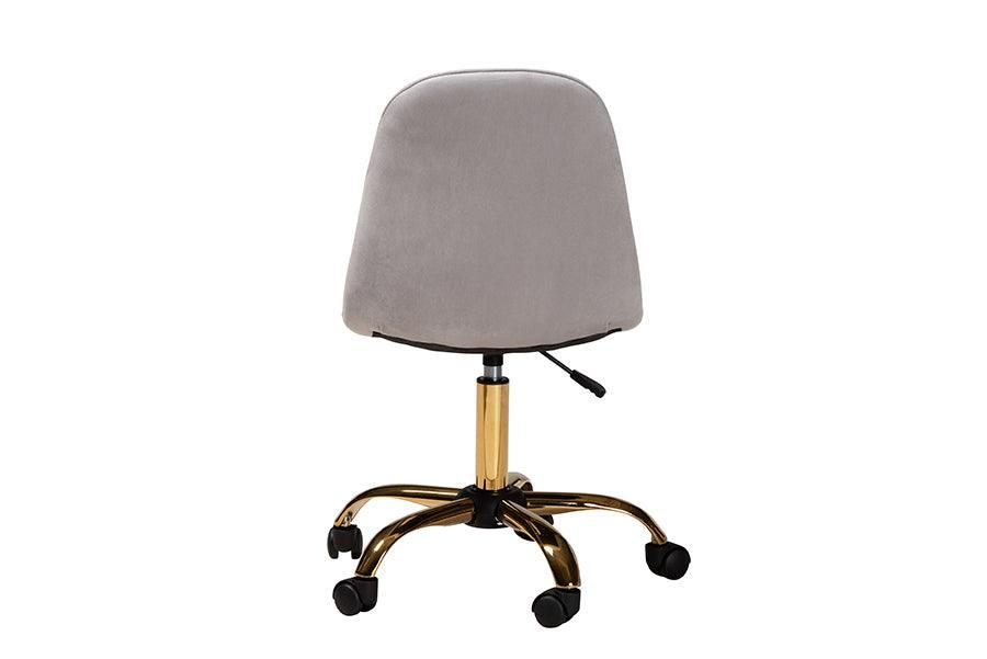 Kabira Contemporary Glam and Luxe Grey Velvet Fabric and Gold Metal Swivel Office chair FredCo