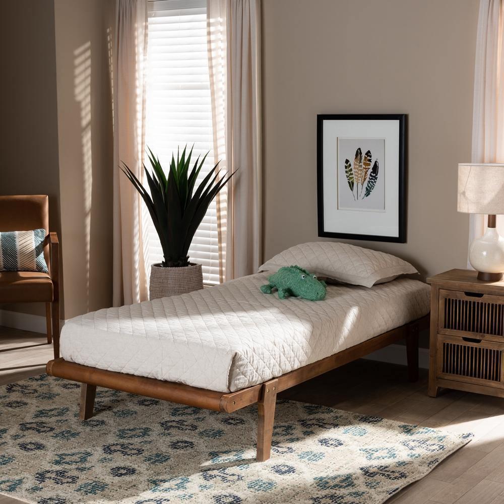 Kaia Mid-Century Modern Walnut Brown Finished Wood Twin Size Platform Bed Frame FredCo