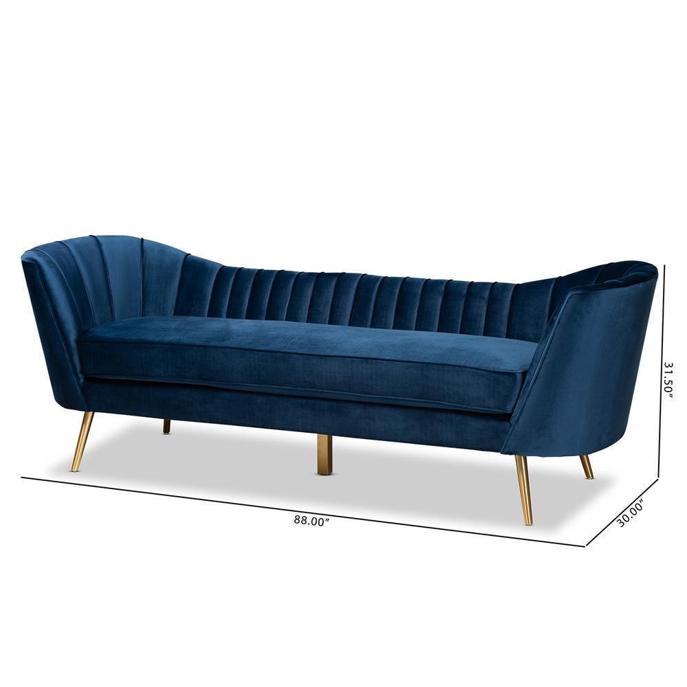 Kailyn Glam and Luxe Navy Blue Velvet Fabric Upholstered and Gold Finished Sofa FredCo