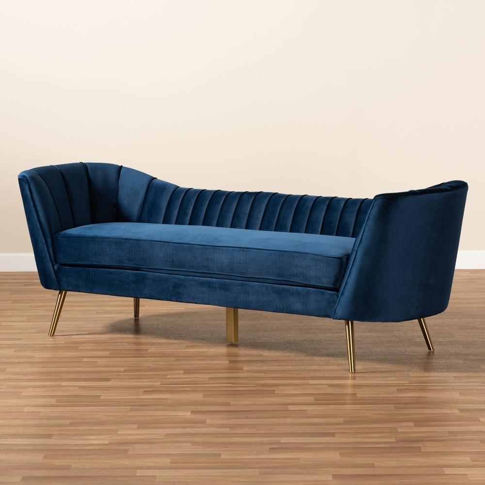 Kailyn Glam and Luxe Navy Blue Velvet Fabric Upholstered and Gold Finished Sofa FredCo