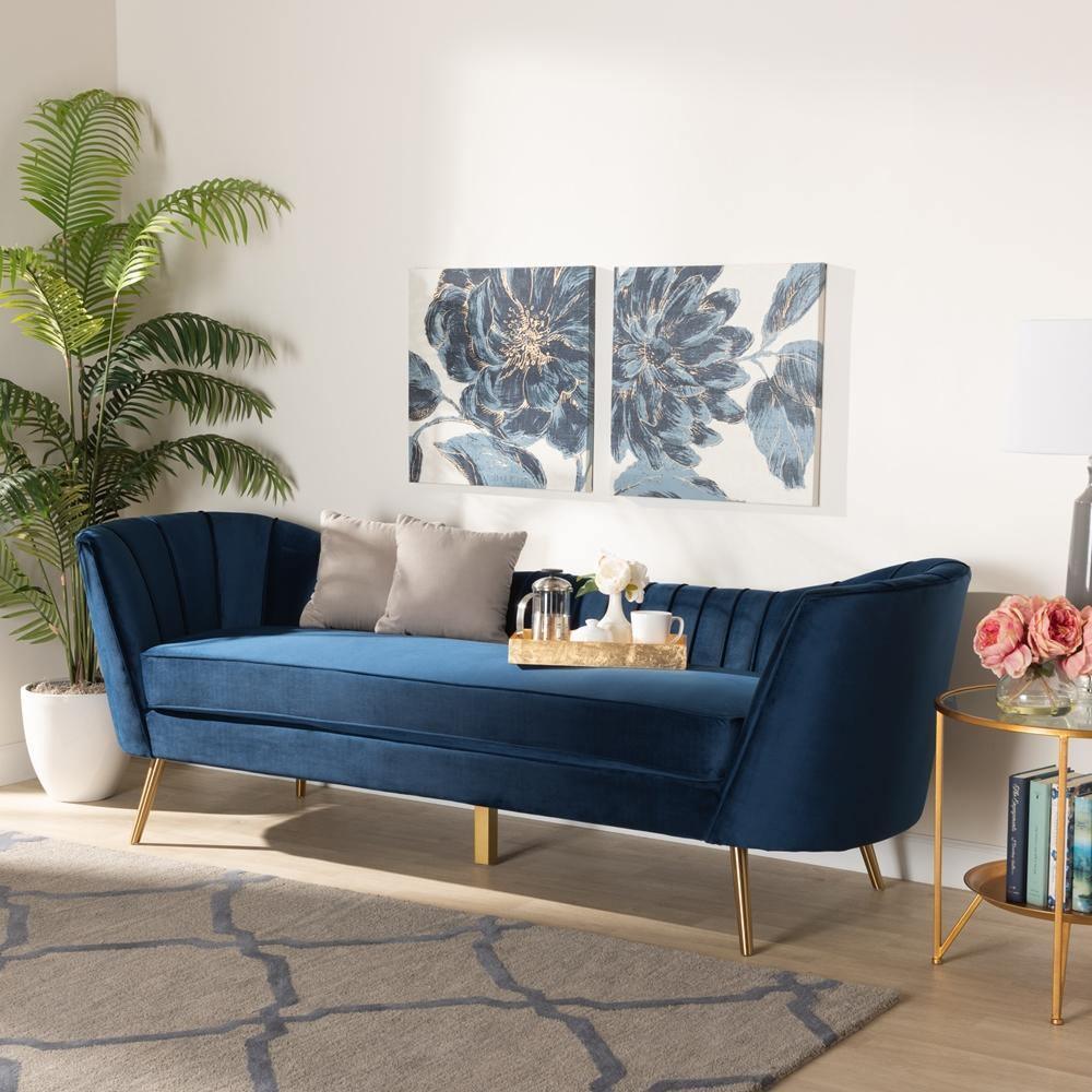 Kailyn Glam and Luxe Navy Blue Velvet Fabric Upholstered and Gold Finished Sofa FredCo
