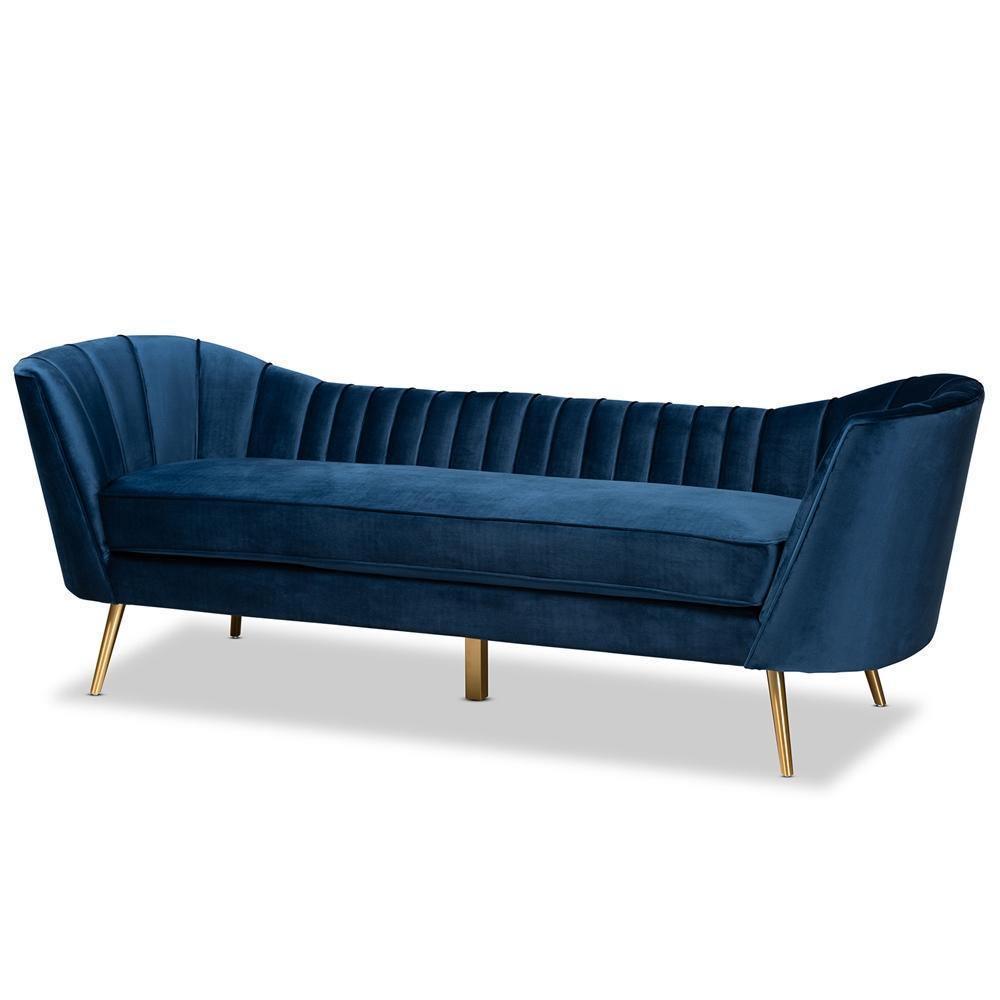 Kailyn Glam and Luxe Navy Blue Velvet Fabric Upholstered and Gold Finished Sofa FredCo