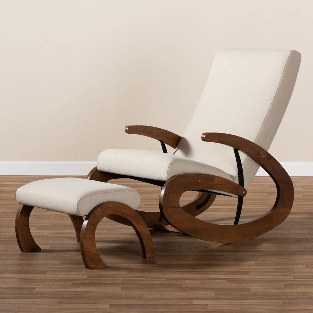 Kaira Modern and Contemporary 2-Piece Light Beige Fabric Upholstered and Walnut-Finished Wood Rocking Chair and Ottoman Set FredCo
