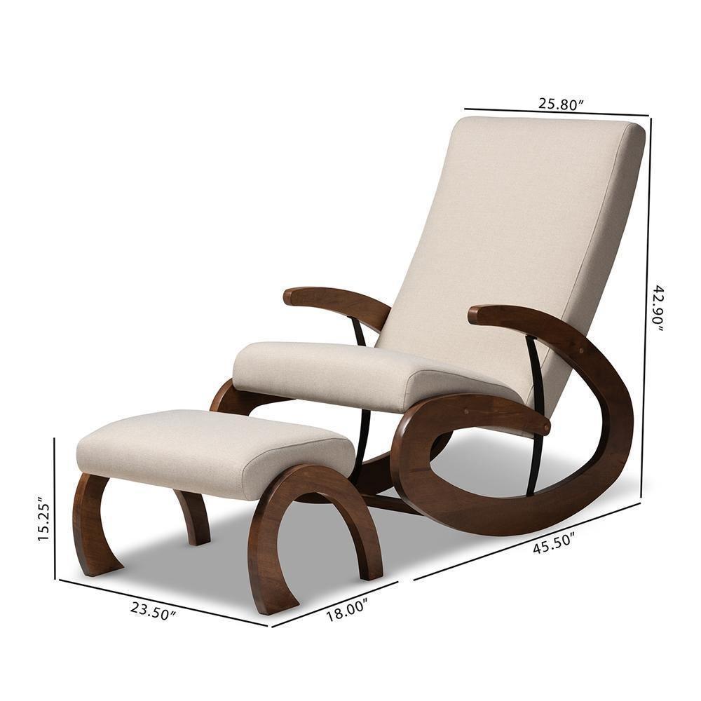 Kaira Modern and Contemporary 2-Piece Light Beige Fabric Upholstered and Walnut-Finished Wood Rocking Chair and Ottoman Set FredCo