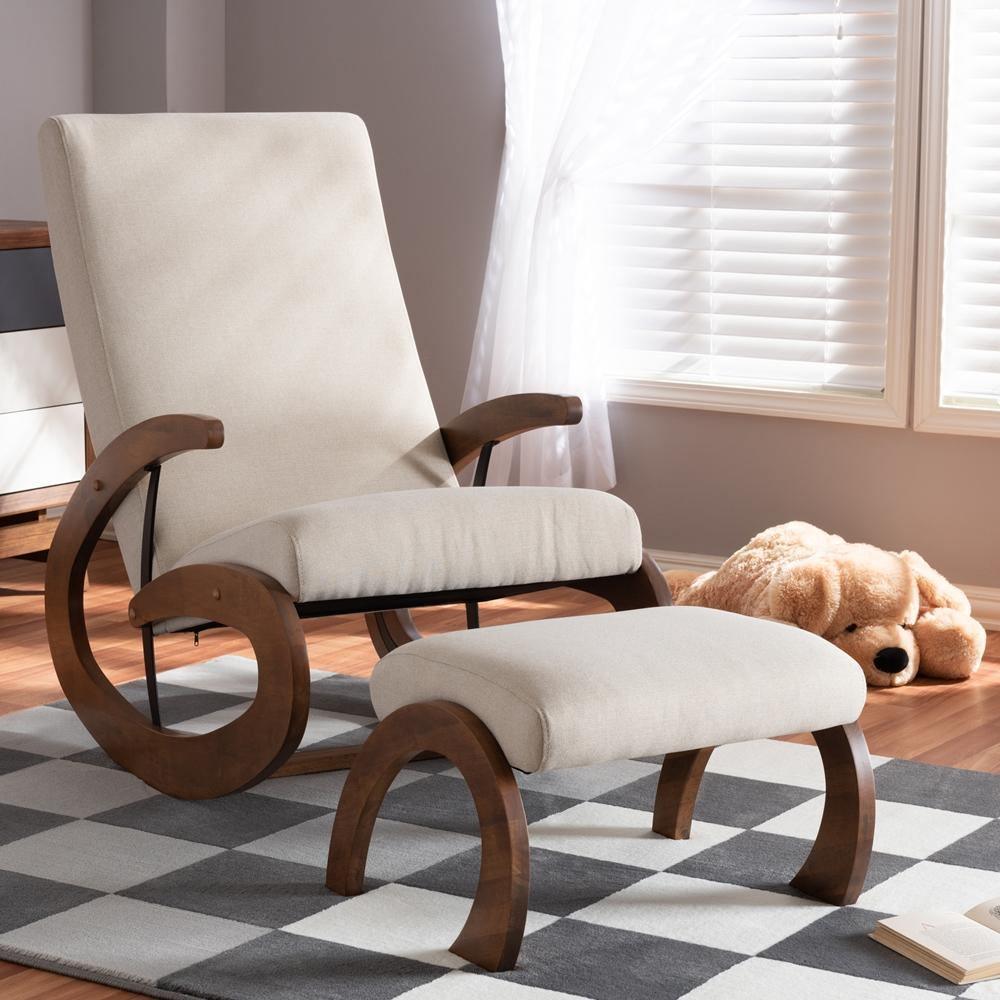 Kaira Modern and Contemporary 2-Piece Light Beige Fabric Upholstered and Walnut-Finished Wood Rocking Chair and Ottoman Set FredCo