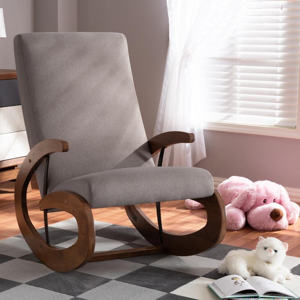 Kaira Modern and Contemporary Gray Fabric Upholstered and Walnut-Finished Wood Rocking Chair FredCo