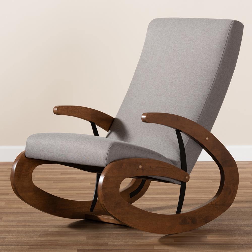 Kaira Modern and Contemporary Gray Fabric Upholstered and Walnut-Finished Wood Rocking Chair FredCo