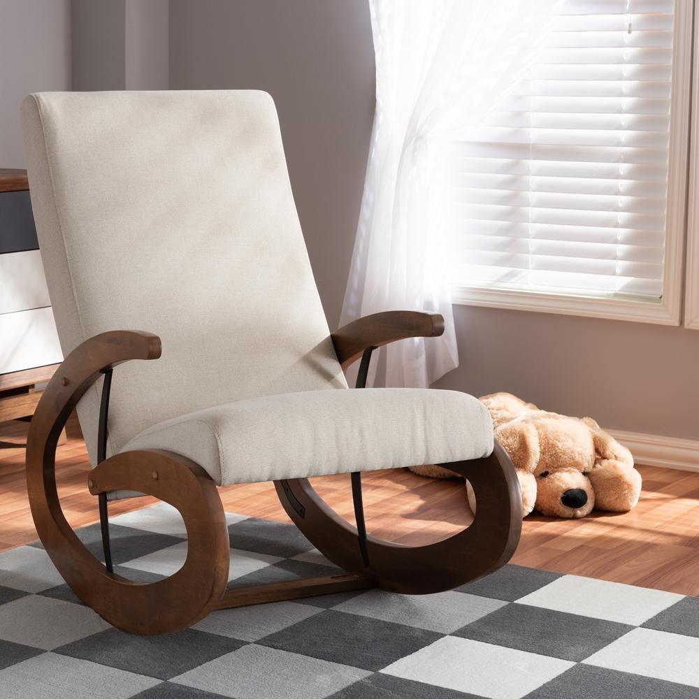 Kaira Modern and Contemporary Light Beige Fabric Upholstered and Walnut-Finished Wood Rocking Chair FredCo