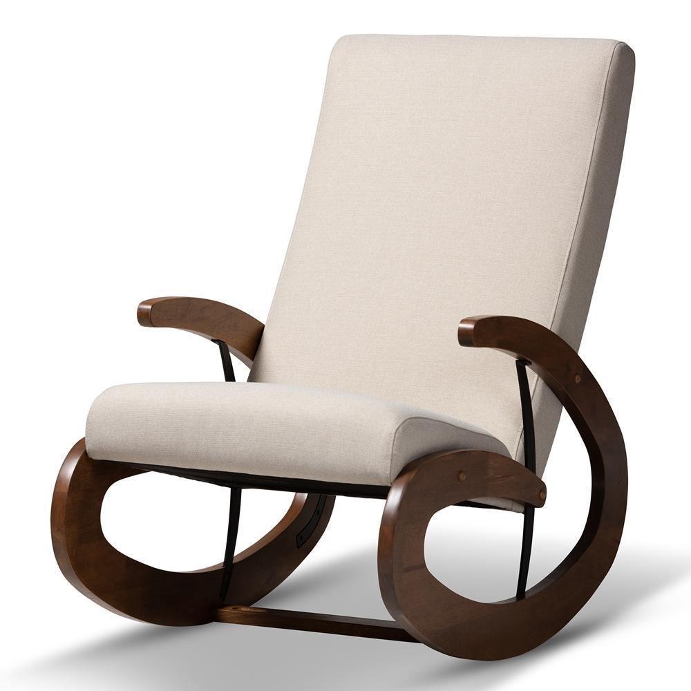 Kaira Modern and Contemporary Light Beige Fabric Upholstered and Walnut-Finished Wood Rocking Chair FredCo