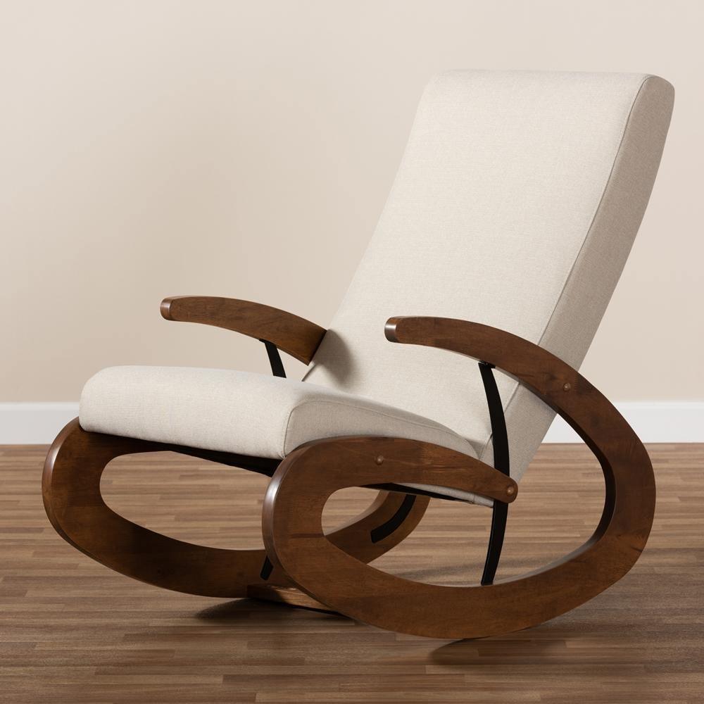 Kaira Modern and Contemporary Light Beige Fabric Upholstered and Walnut-Finished Wood Rocking Chair FredCo