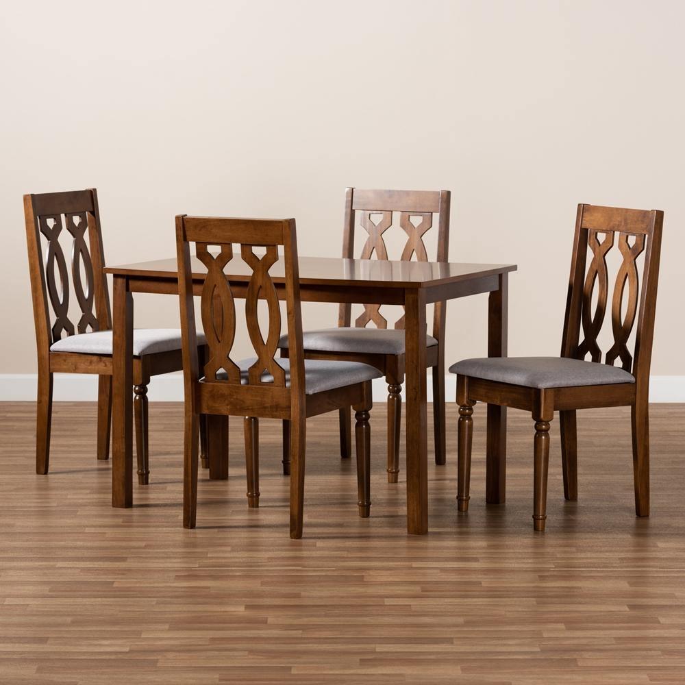 Kasia Modern and Contemporary Grey Fabric Upholstered and Walnut Brown Finished Wood 5-Piece Dining Set FredCo