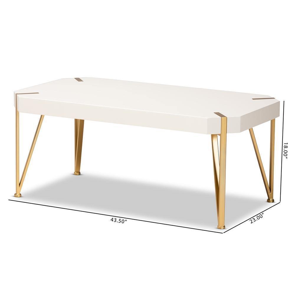 Kassa Contemporary Glam and Luxe Brushed Gold Metal and White Finished Wood Coffee Table FredCo