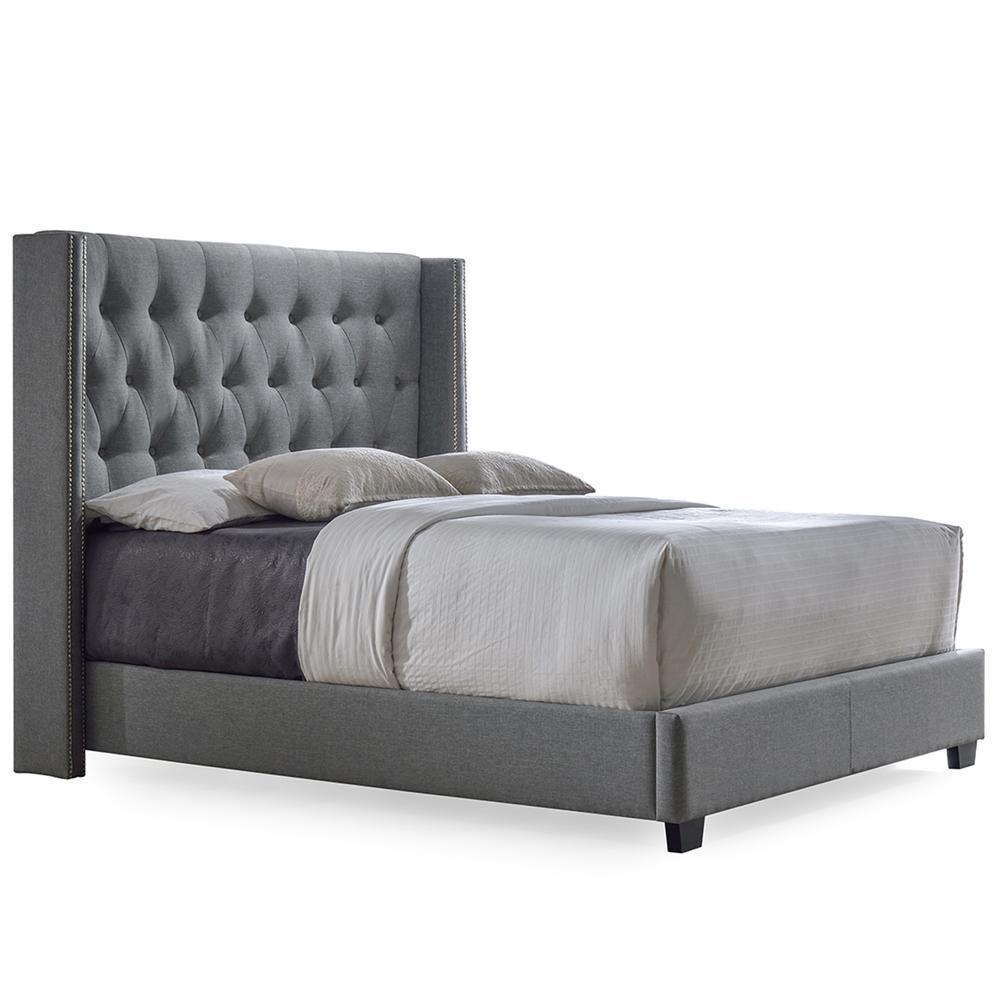 Katherine Contemporary Grey Fabric Nail head Trim King Size Wingback Bed FredCo