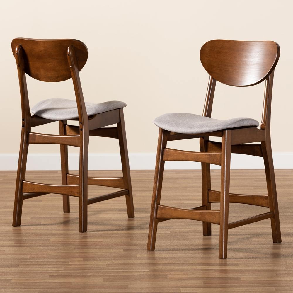 Katya Mid-Century Modern Grey Fabric Upholstered and Walnut Brown Finished Wood 2-Piece Counter Stool Set FredCo