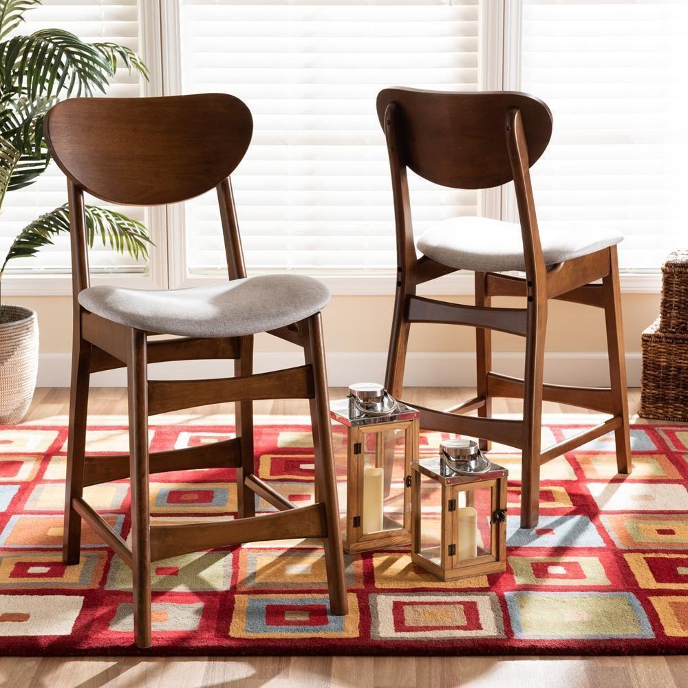 Katya Mid-Century Modern Grey Fabric Upholstered and Walnut Brown Finished Wood 2-Piece Counter Stool Set FredCo