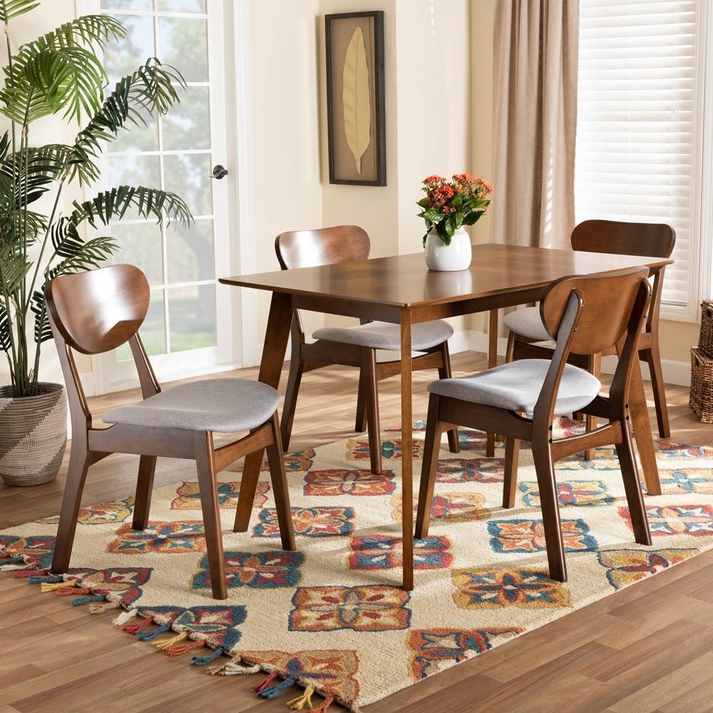 Katya Mid-Century Modern Grey Fabric Upholstered and Walnut Brown Finished Wood 5-Piece Dining Set FredCo