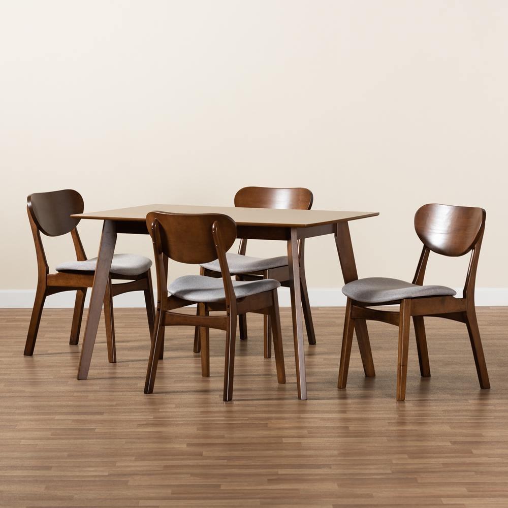 Katya Mid-Century Modern Grey Fabric Upholstered and Walnut Brown Finished Wood 5-Piece Dining Set FredCo