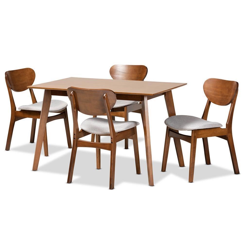 Katya Mid-Century Modern Grey Fabric Upholstered and Walnut Brown Finished Wood 5-Piece Dining Set FredCo