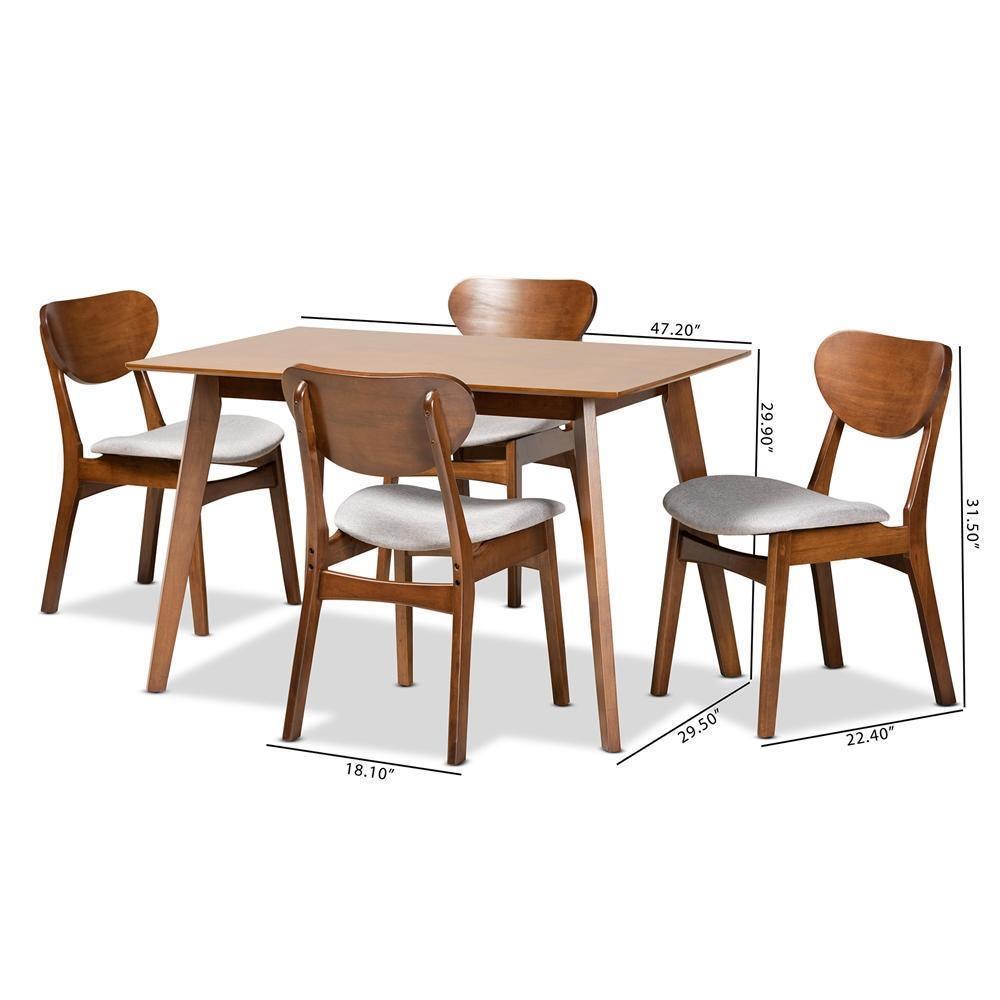 Katya Mid-Century Modern Grey Fabric Upholstered and Walnut Brown Finished Wood 5-Piece Dining Set FredCo