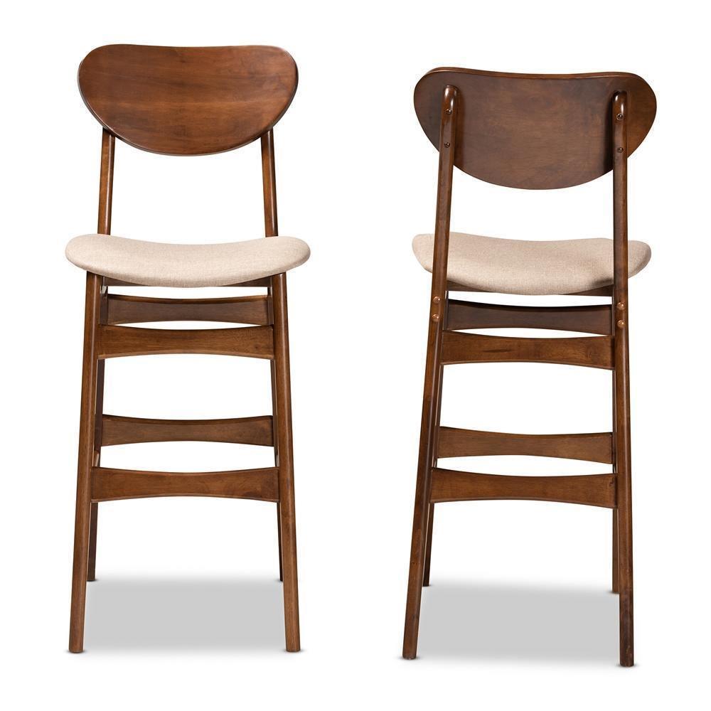 Katya Mid-Century Modern Sand Fabric Upholstered and Walnut Brown Finished Wood 2-Piece Bar Stool Set FredCo
