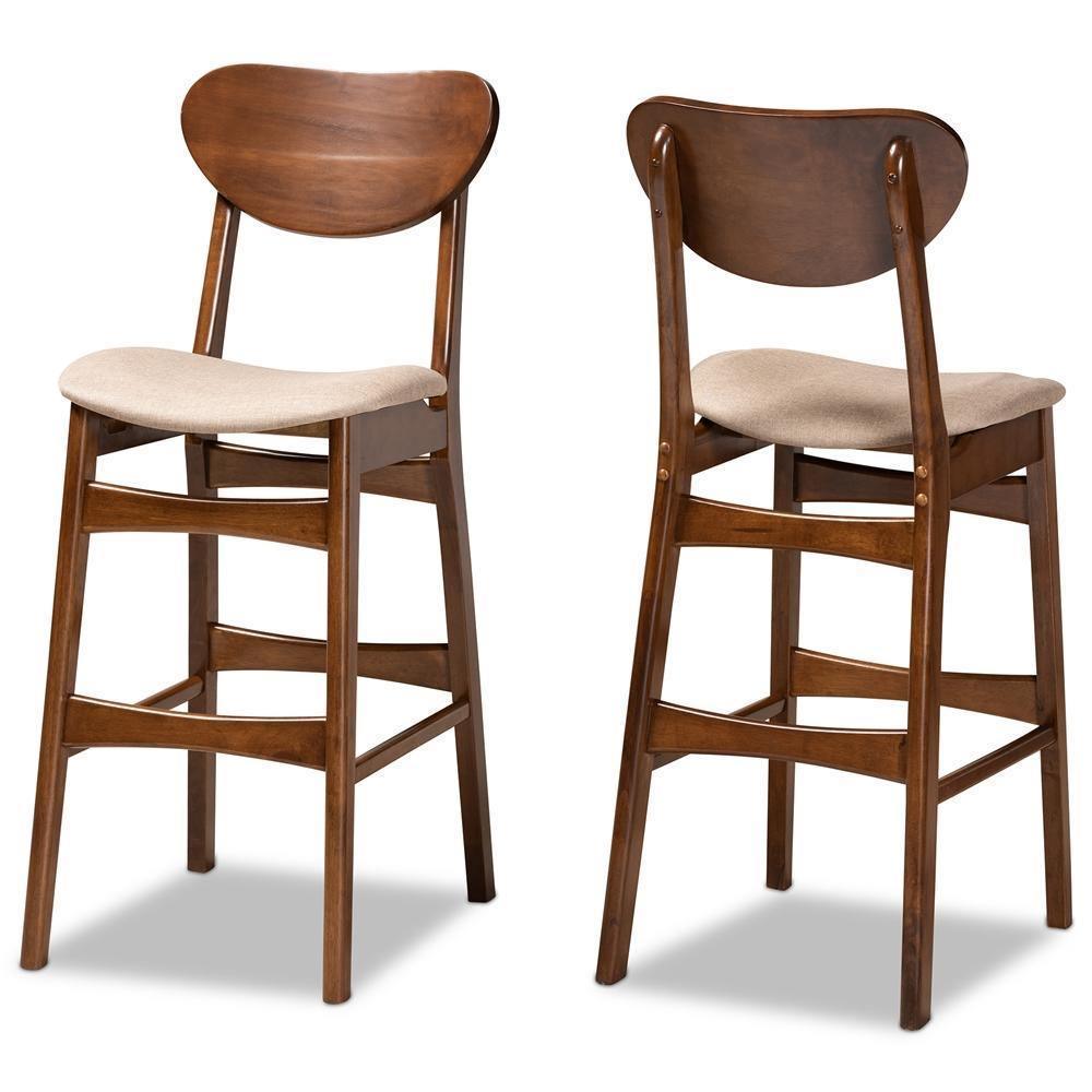Katya Mid-Century Modern Sand Fabric Upholstered and Walnut Brown Finished Wood 2-Piece Bar Stool Set FredCo