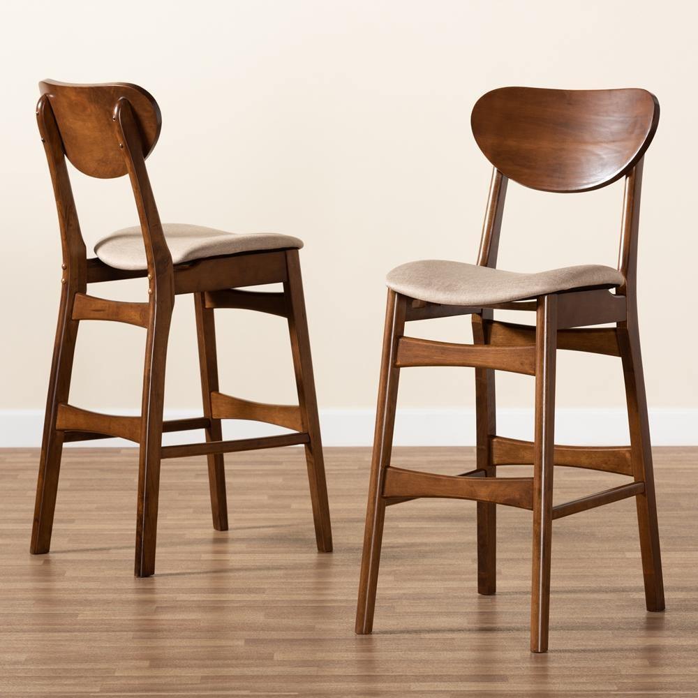 Katya Mid-Century Modern Sand Fabric Upholstered and Walnut Brown Finished Wood 2-Piece Bar Stool Set FredCo