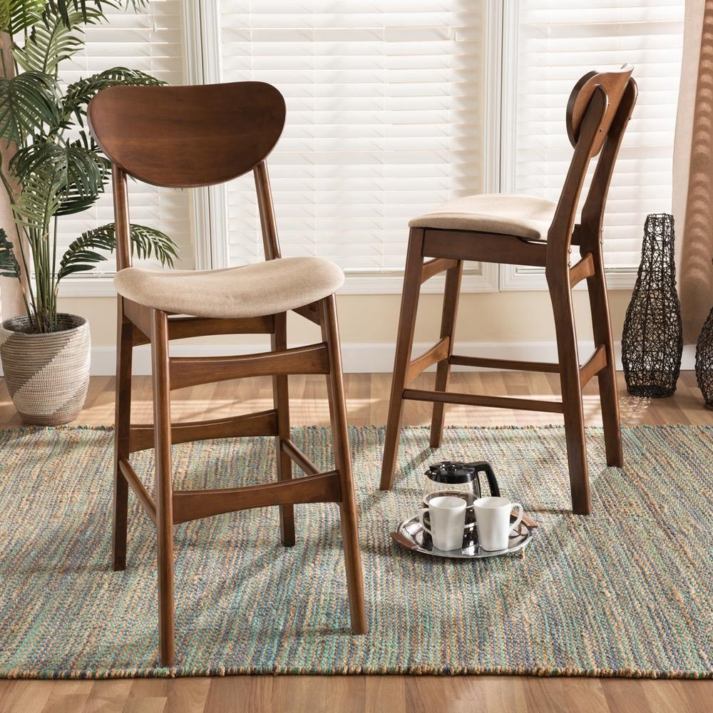 Katya Mid-Century Modern Sand Fabric Upholstered and Walnut Brown Finished Wood 2-Piece Bar Stool Set FredCo